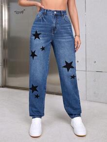 Star Print Carrot Jeans - Blue - View 3