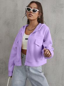 SHEIN EZwear 翻蓋細節落肩袖抽繩拉鍊開襟連帽夾克 - 紫色 - 查看 5