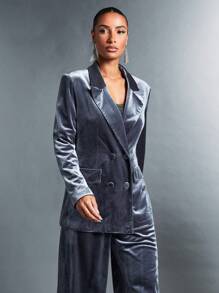 SHEIN BAE Double Breasted Velvet Blazer - Grey - View 3