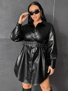 SHEIN EZwear Plus Button Front PU Leather Shirt Dress Without Belt - Black - View 1