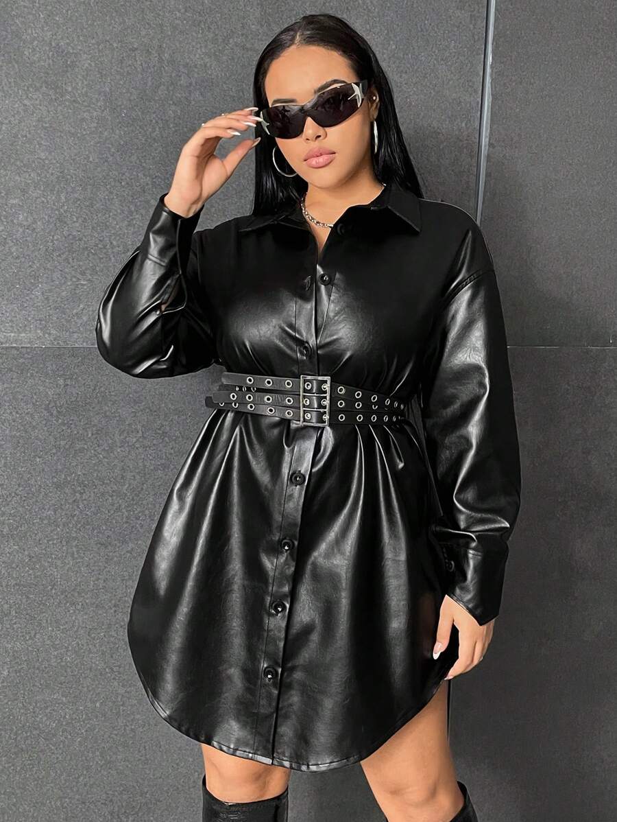 SHEIN EZwear Plus Button Front PU Leather Shirt Dress Without Belt - Black - View 1