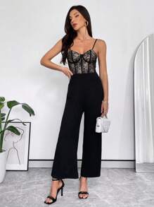 SHEIN Privé 蕾絲拼接吊帶連體褲 - 黑色 - 查看 1