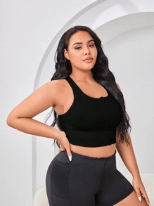SHEIN Rhythm Era Plus Zip Up Crisscross Back Sports Bra - Black - View 5