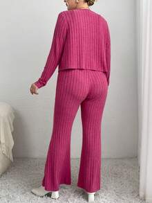 SHEIN Essnce Hơn Chất rắn Cami ngọn & Quần ống loe & Nút phía trước Áo khoác - Màu Hồng Tươi - Xem 2