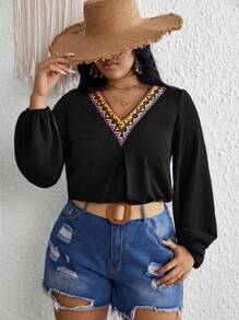 SHEIN VCAY Plus Contrast Geo Tape Lantern Sleeve Blouse - Black - View 6