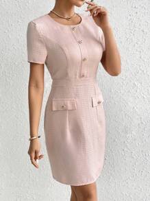 SHEIN Privé Flap Detail Button Front Dress - Pink - View 6