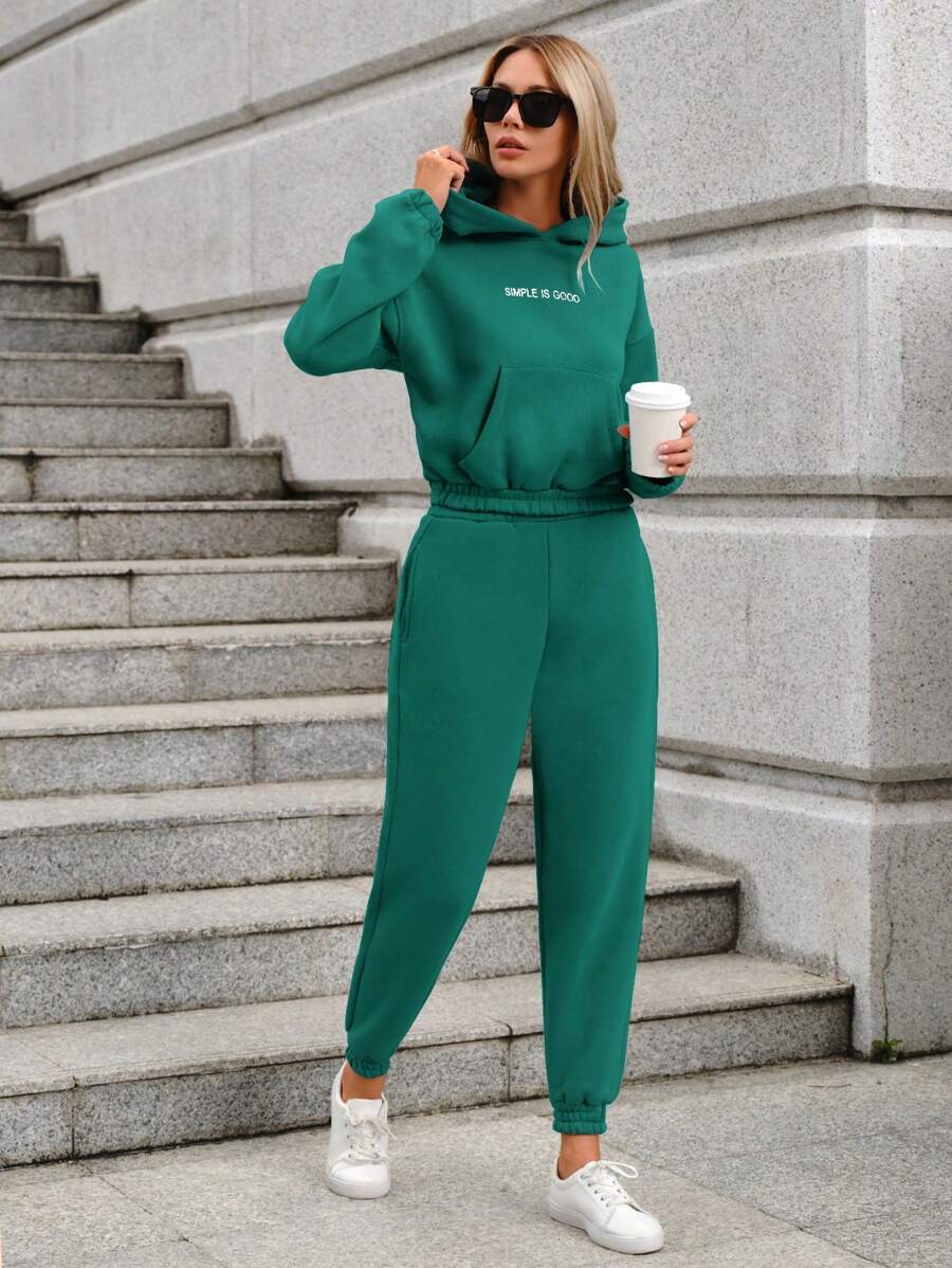 標語圖案落肩袖連帽衫和運動褲 - 綠色 - 查看 1