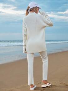 RueChic Mock Neck Drop Shoulder Split Hem Sweater & Knit Pants - Apricot - View 2