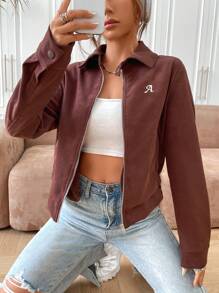 SHEIN EZwear Cazadora con bordado de letra con cremallera - Óxido marrón - Ver 5