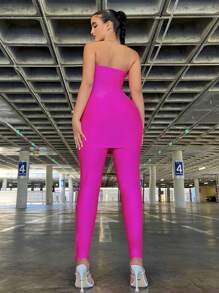 SHEIN SXY 2pcs Strapless Top & Slim Fit Leggings Set  Women Co-Ords Birthday Outfit Spring Women Clothes Prom Dress Valentine Day Dress Date Night Dress Bachelorette Party Sexy Outfits Club - Hot Pink - View 2