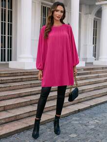 SHEIN Clasi 素色百褶細節直筒洋裝 - 玫紅色 - 查看 5