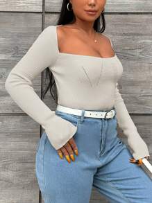 RueChic Plus Sweetheart Neck Ribbed Knit Sweater - Beige - View 5