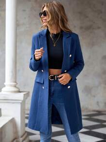 EURMUSE Flap Detail Double Breasted Blazer - Navy Blue - View 4