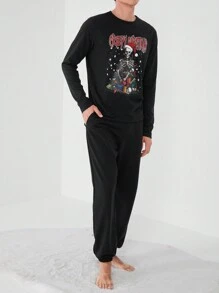 RueChic Men Letter & Christmas Print Tee & Sweatpants - Black - View 4