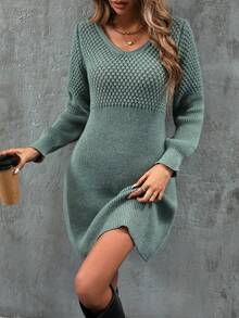 SHEIN Frenchy Chất rắn Cổ v Đầm Áo len - Màu xanh Ô liu - Xem 5