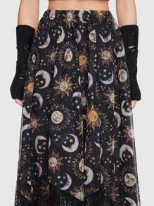 Hippie 太陽月亮圖案蕾絲拼接手帕下擺半身裙 - 黑色 - 查看 4