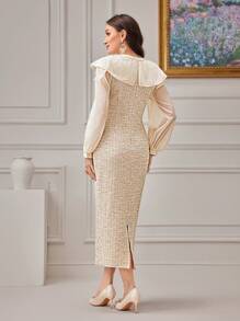 Modelyn 荷葉邊燈籠袖後背開衩粗花呢洋裝 - 杏色 - 查看 2