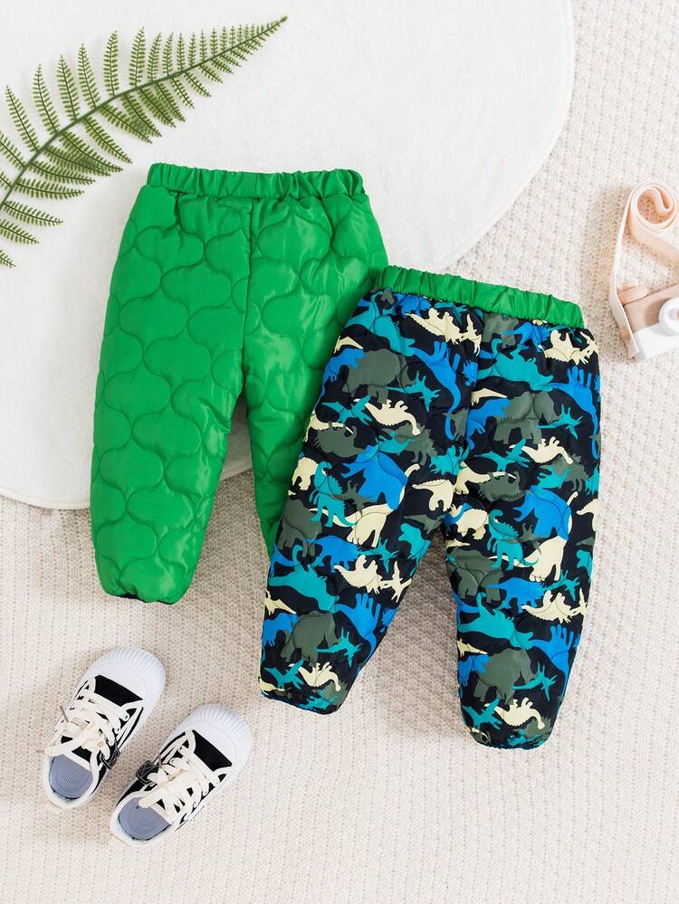 Baby Boy 1pc Dinosaur Print Pants & 1pc Solid Pants