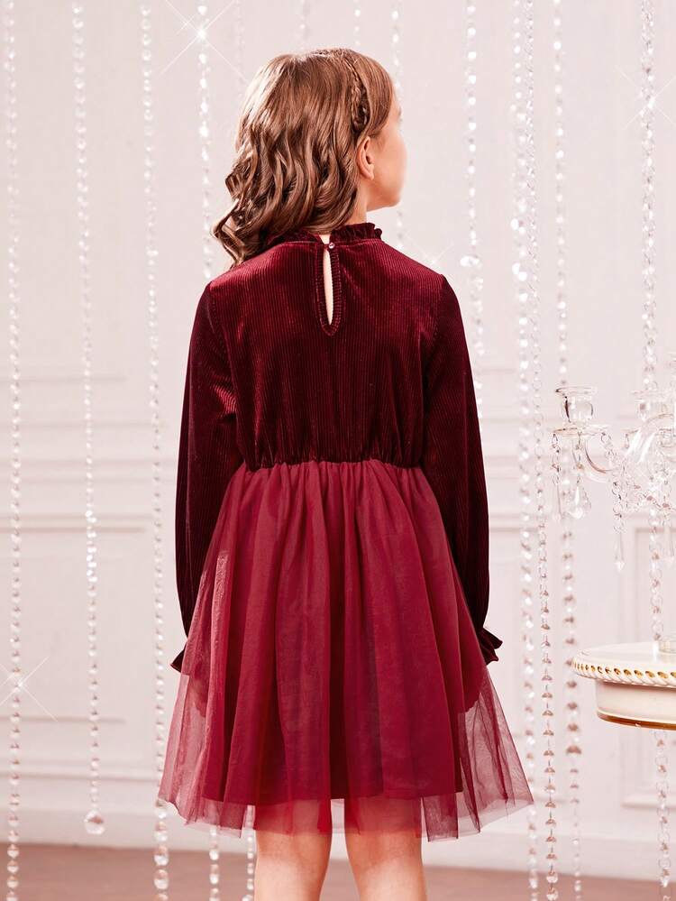 Girls' Woven Solid Color Stand Collar Mesh Net Dress