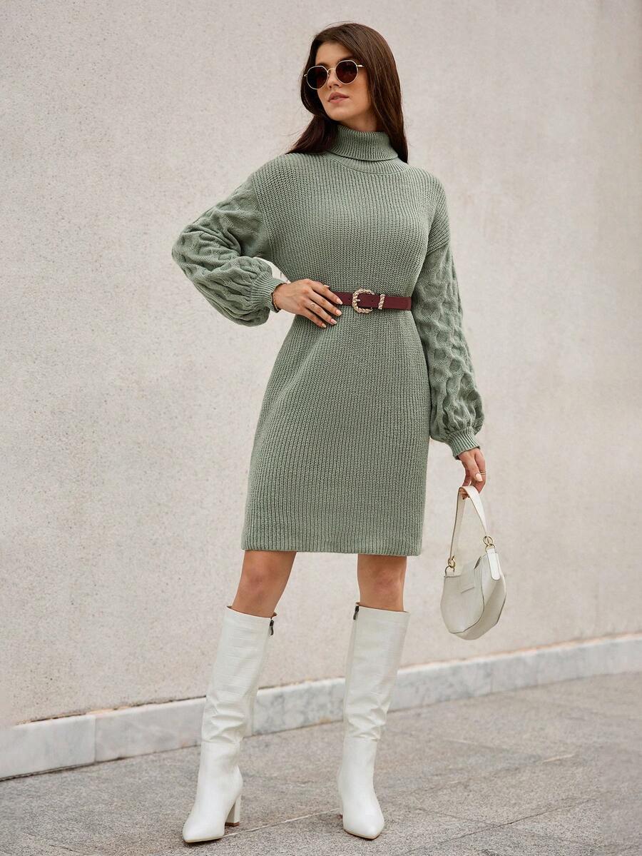 SHEIN Frenchy Áo cao cổ Thả vai Đầm Áo len Không có thắt lưng - màu xanh lá - Xem 1