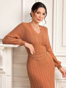 Modelyn Solid V Neck Lantern Sleeve Sweater Dress Without Belt Fall Cloth For Women - Coral Pink - View 5