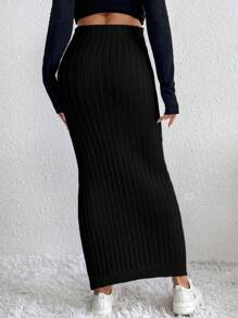 SHEIN LUNE Solid Ribbed Knit Sweater Skirt - Black - View 2