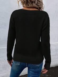 SHEIN LUNE 鋸齒圖案落肩袖套頭毛衣 - 黑色 - 查看 2