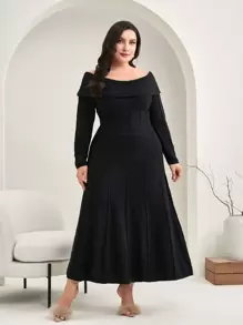Modelyn Plus Off Shoulder Sweater Dress Without Belt - Black - View 4