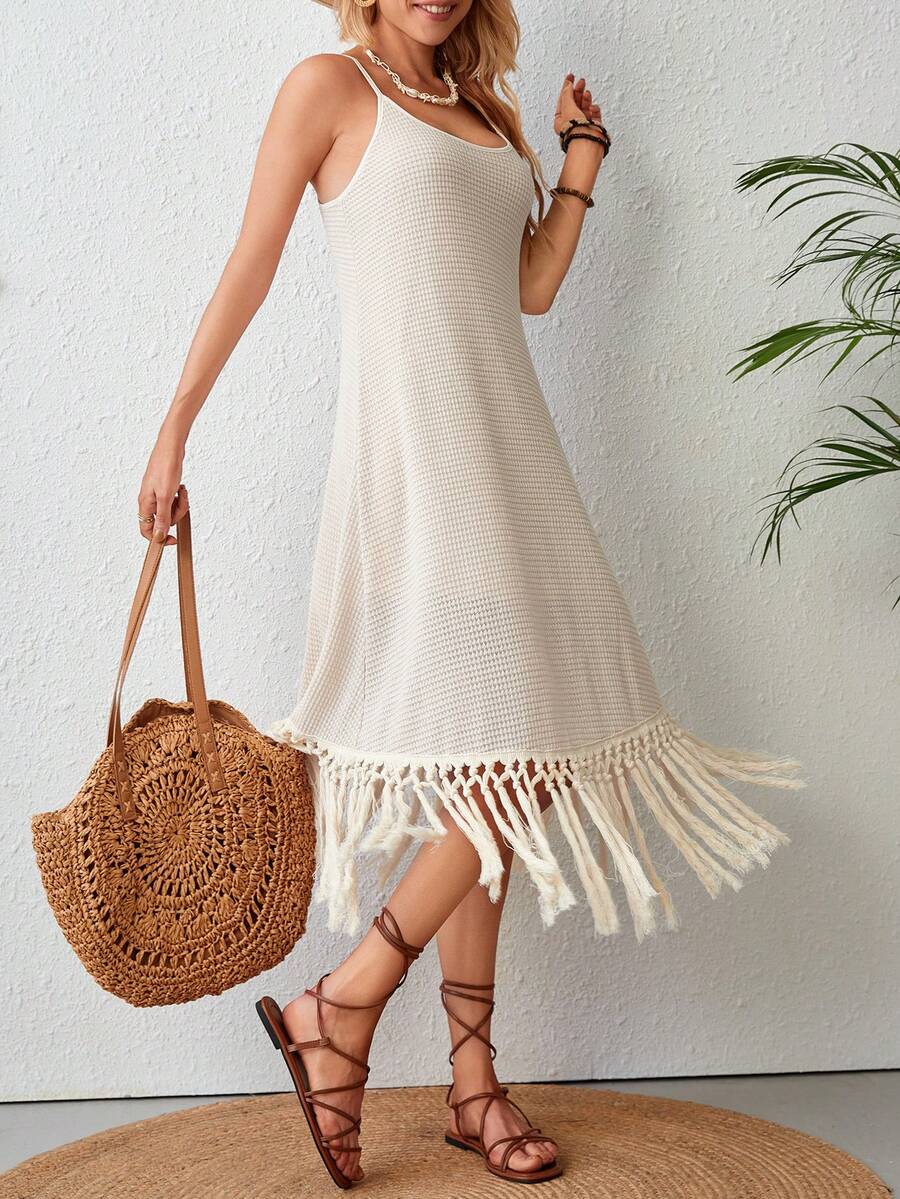 SHEIN VCAY Fringe Hem Váy Dây - Màu be - Xem 1