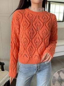 SHEIN Unity Áo len chui đầu dáng suông, chất liệu dệt kim Pointelle, màu trơn, thích hợp cho mùa thu đông. - trái cam - Xem 3