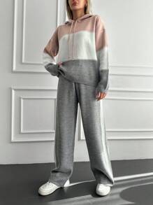 EURMUSE Plus Color Block Drop Shoulder Drawstring Hooded Sweater & Knit Pants - Multicolor - View 4