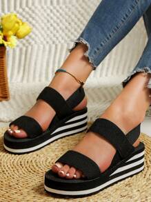 Mùa hè Đúng mốt Chống trượt Của phụ nữ Sọc Nêm & Dày Đế Dép xăng đan Đối với Kỳ nghỉ Và bờ biển - màu đen - Xem 5