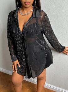 Slaydiva SLAYR PLUS - Sexy Party - Elastic Knit Loose Fit Black Sequin Sheer Plus Size Blouse - Black - View 3