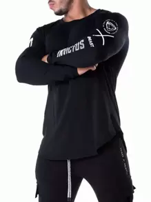 Manfinity Sport Corelite Boyfriend-Stil Herren Langarm-Shirt mit Buchstaben-Grafik, Sport-Tee, Grafik, Kompression, Fitness, schlicht anliegendes Shirt mit Rundhalsausschnitt für den Herbst