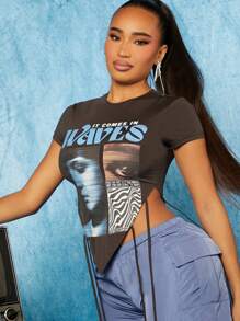 SHEIN SXY Slogan & Figure Graphic Asymmetrical Hem Tee