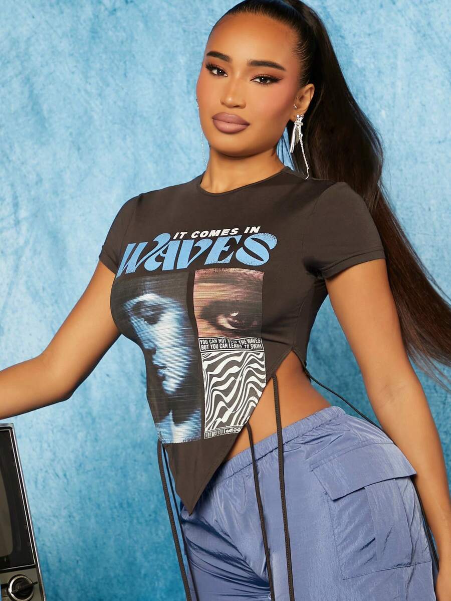 SHEIN SXY Slogan & Figure Graphic Asymmetrical Hem Tee