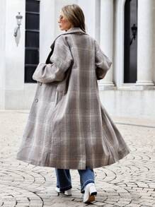 SHEIN Cottnline Plaid Print Drop Shoulder Overcoat - Khaki - View 2