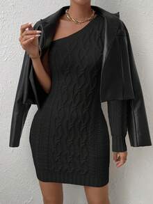 Chiquease One Shoulder Cable Knit Bodycon Sweater Dress - Black - View 6