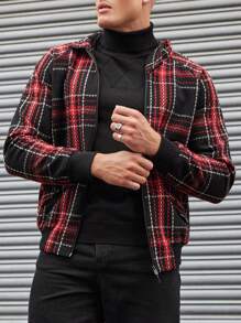 RueChic Men Plaid Print Raglan Sleeve Jacket - Red - View 5