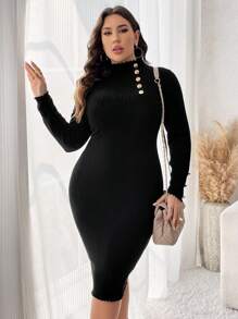 SHEIN Clasi Plus Size Faux Button Bodycon Dress - Black - View 6