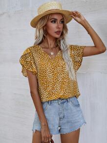 SHEIN LUNE Leopard Petal Sleeve Top - Multicolor - View 5
