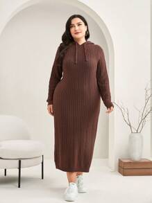 Mulvari Plus Drop Shoulder Drawstring Hooded Sweater Dress - Coffee Brown - View 4