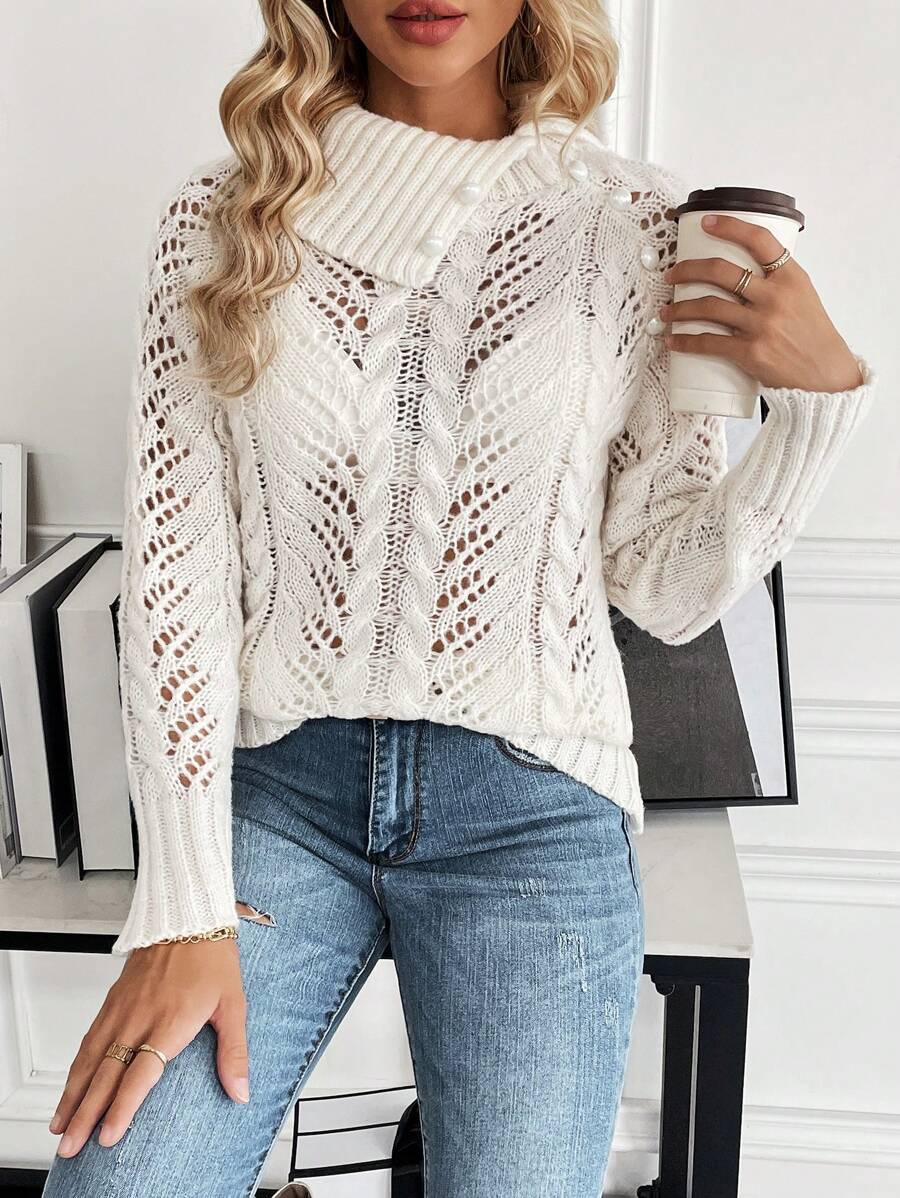 SHEIN LUNE 纯色镂空针织纽扣细节不对称领口套头毛衣，适合秋冬季穿着 - 米色 - 查看 1