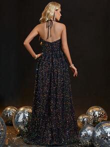 Abito con bretelle sottile inserto in rete paillettes - nero - Visualizzare 2