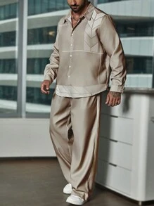 Manfinity Homme Hombres talla grande Camisa unicolor con botón con pantalones - Caqui - Ver 5