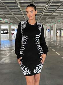 SHEIN SXY Black And White Pattern Women's Sweater Dress Party - Black and White - View 1