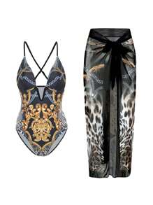 Swim Oasis 錬條圖案連體泳衣附沙灘裙 - 彩色 - 查看 1