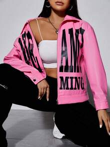 SHEIN PETITE Letter Graphic Drop Shoulder Zip Up Jacket - Pink - View 6