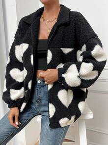 SHEIN Frenchy 愛心圖案落肩袖絨毛外套 - 黑色 - 查看 6