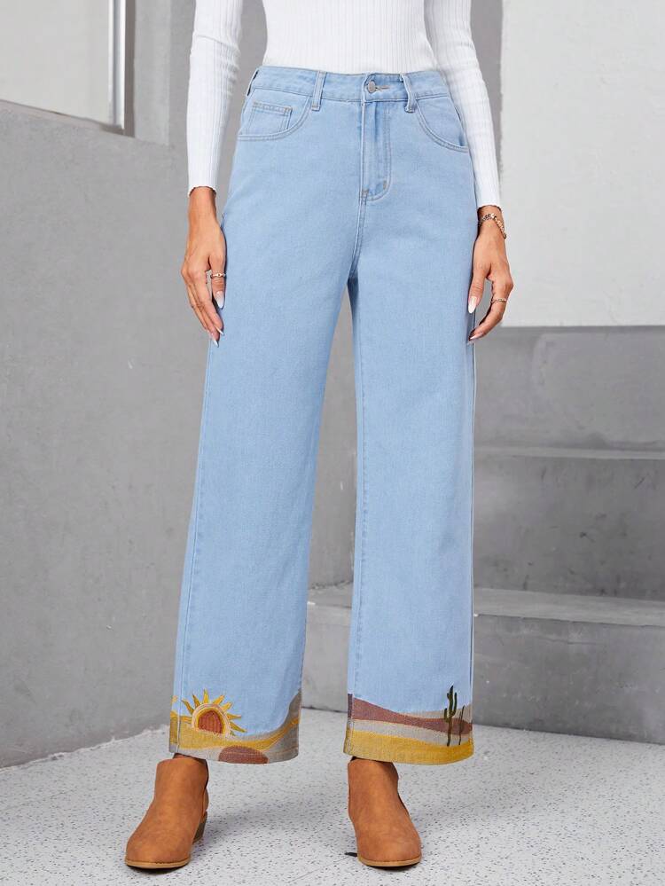 Sun Print Wide Leg Jeans
